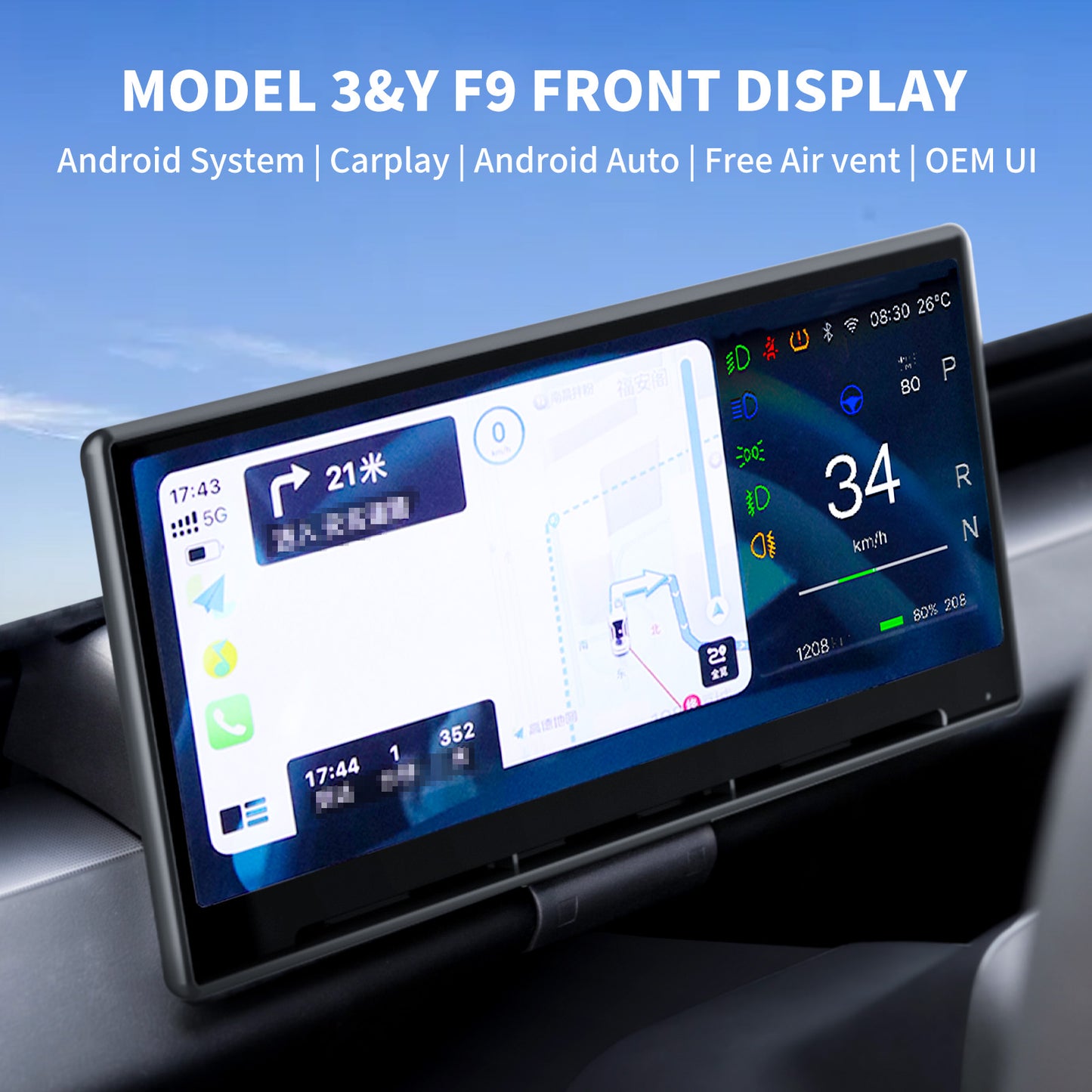 T9 CarPlay/Android Auto Smart Instrument Screen for Tesla Model 3/Y