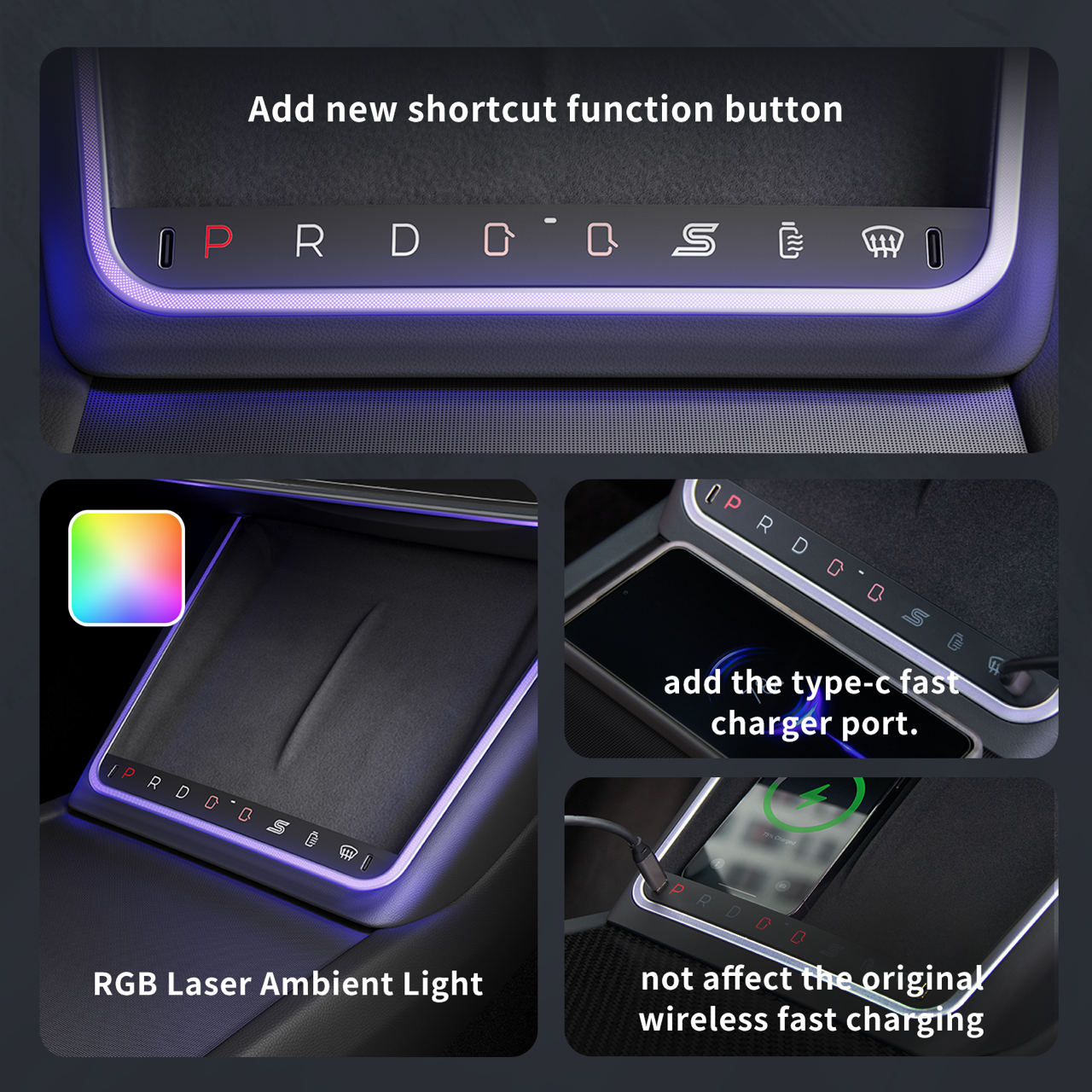 Model 3 Highland & Model Y Juniper Wireless Charging and Center Console Expansion Dock with Ambient Light