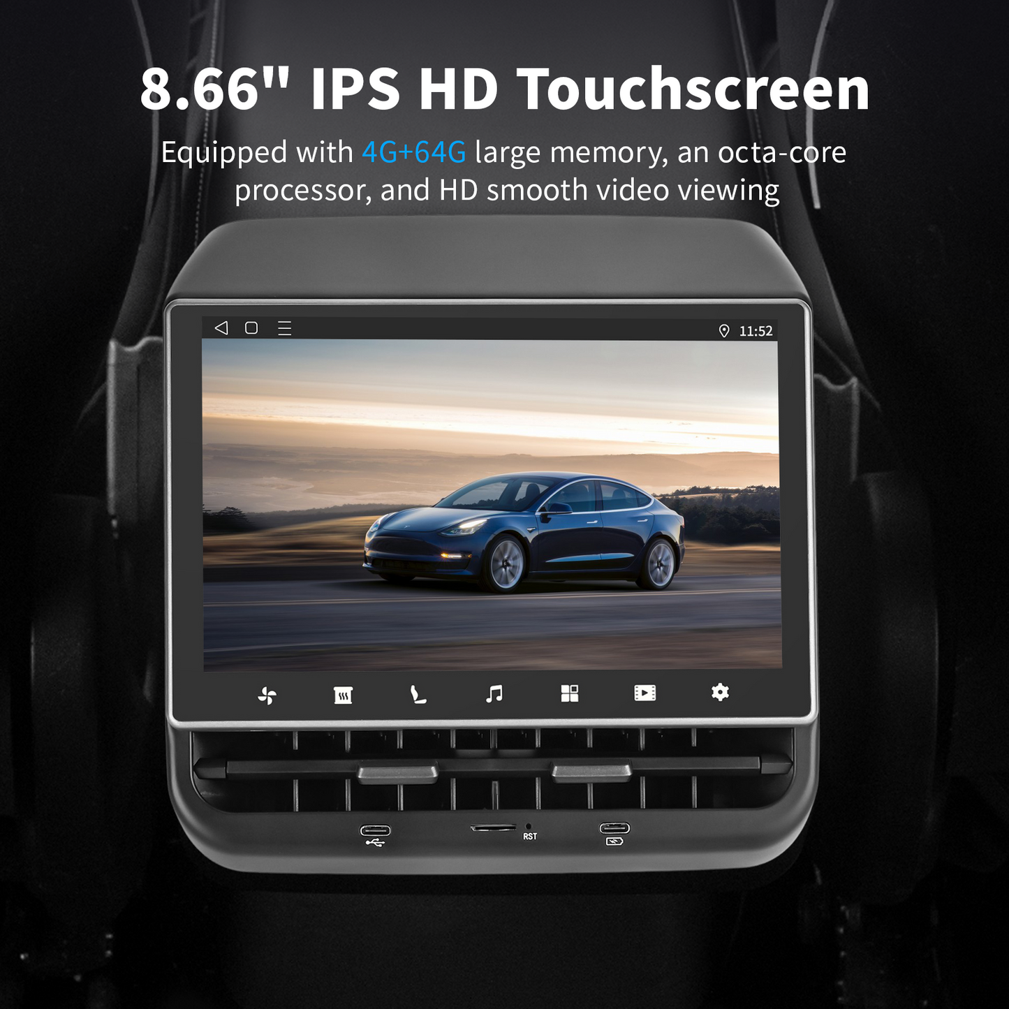 8.66-inch Android 13 System Climate Control & Entertainment Rear Display Screen for Tesla Model 3/Y