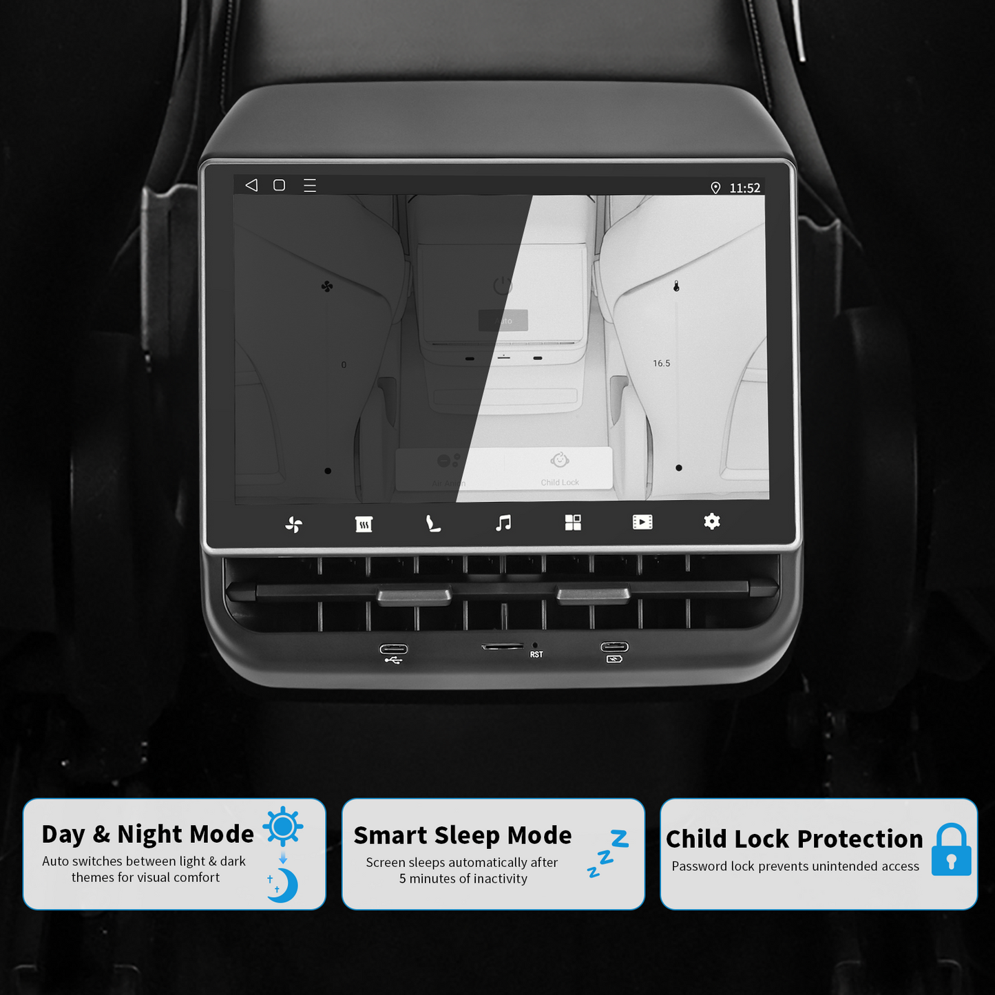 8.66-inch Android 13 System Climate Control & Entertainment Rear Display Screen for Tesla Model 3/Y